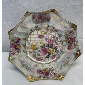 Rose Bowl Gala Vintage Trimont Ware Japan Iridescent Yellow Pink Roses Octagonal